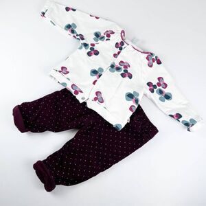 Obaibi 2-Piece Floral Print Fleece Cardigan Corduroy Pant Set White Maroon Sz 6m